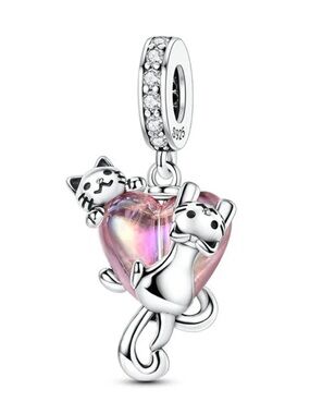NWOT Cats Climbing Heart Crystal Dangle Charm Sterling Silver 925